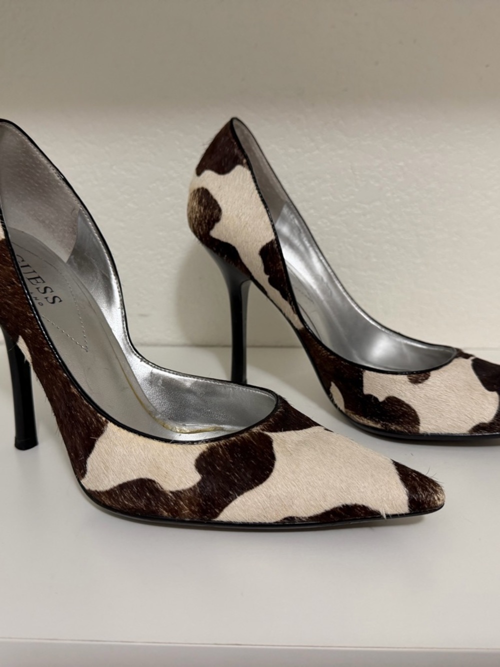 Guess Brown & Cream Cowhide Pointed Stiletto Pumps